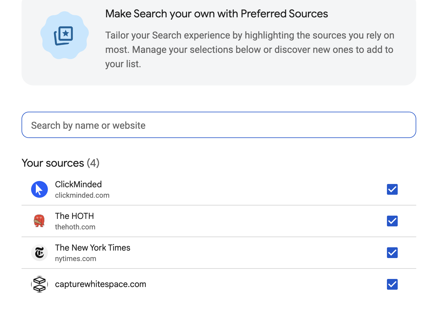 Google's Preferred Sources tool showing capturewhitespace.com selected alongside ClickMinded, The HOTH, and The New York Times